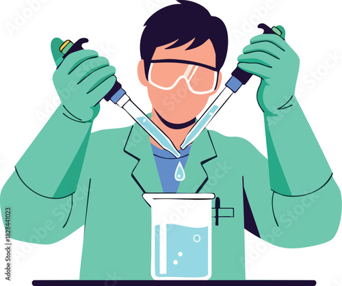 Vector Illustration of Scientist Conducting Laboratory Experiment in Modern Minimalist Style with Green and Blue Color Palette