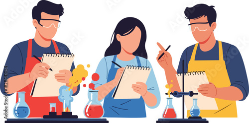 Vector Illustration of Young Scientists Conducting Experiments in Modern Laboratory Style with Bright Colors and Clean Lines