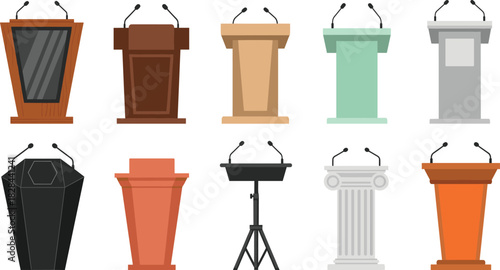 Colorful Podium and Lectern Vector Icon Set Illustrating Diverse Styles, Including Modern Wood, Classic Column, Tripod Stands, and Microphones for Conference and Public Speaking Designs
