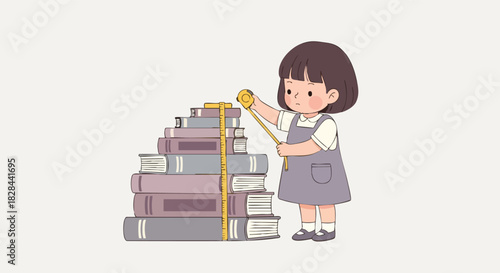 Vector Illustration of Girl Measuring Books in Modern Cute Style with Pastel Colors and Minimalist Design for Educational and Children's Market