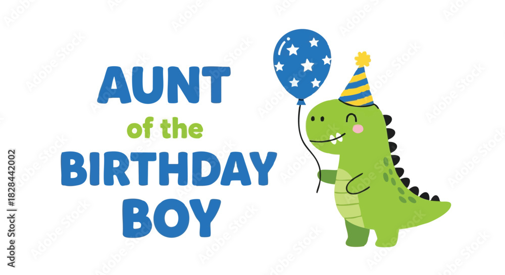 Fototapeta premium Charming Aunt of the Birthday Boy Celebration with Adorable Cartoon Dinosaur and Festive Balloon for Fun Filled Party Decor and Invites