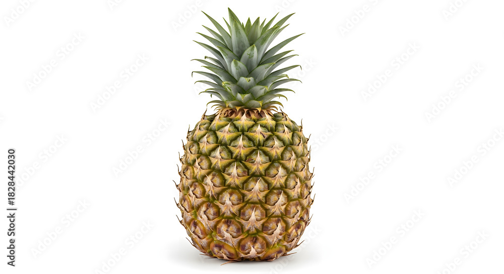 Fototapeta premium Fresh whole pineapple with green leaves on white background