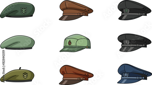 Military and Uniform Cap Vector Illustration Set Showcasing Various Headwear Styles, Including Berets and Peaked Visor Caps with Emblems, Ideal for Security, Army, and Service Concepts