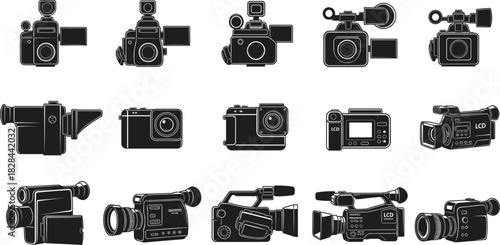 Video Camera and Camcorder Silhouette Vector Collection Set Illustrating Various Professional and Consumer Models with Viewfinders and Screens, Ideal for Filming and Cinematography Concepts