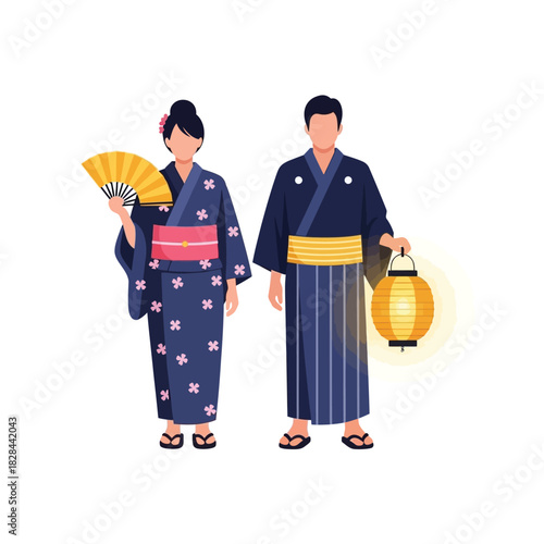 A couple in traditional Japanese attire, the woman holding a fan and the man carrying a lantern.