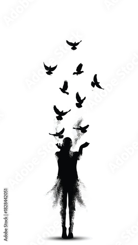 Silhouette of a person releasing a flock of birds into the sky, symbolizing freedom and dreams.