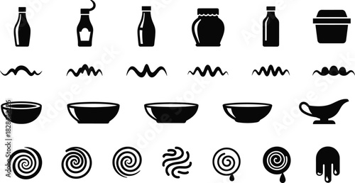 Sauce, Condiment, and Dip Icon Vector Silhouette Set Illustrating Bottles, Jars, Bowls, and Swirled Food Textures in Minimalist Black and White for Culinary and Menu Design