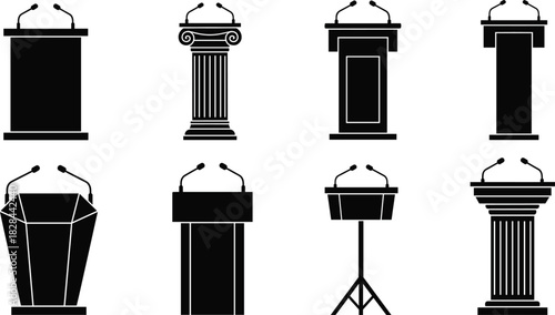 Podium and Lectern Silhouette Vector Collection Set Featuring Modern, Classic Column, and Tripod Stands with Microphones for Speeches, Presentations, and Public Speaking Events