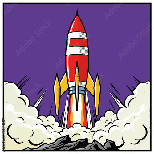 Retro Comic Style Rocket Launching Illustration