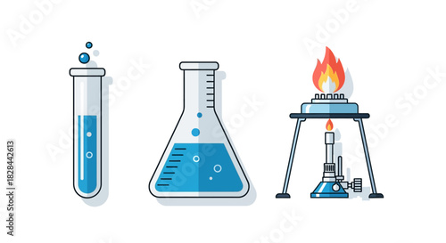 Laboratory Equipment - Test Tube, Erlenmeyer Flask, and Bunsen Burner Illustration.