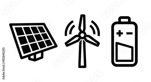 Renewable Energy Icons - Solar Panel, Wind Turbine, and Battery.