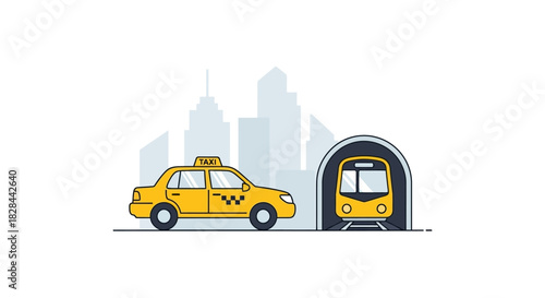 Yellow Taxi and Subway Train in Cityscape Illustration.