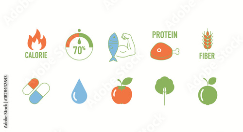 Collection of Health and Nutrition Icons for Diet and Wellness.