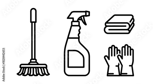 Cleaning Supplies Line Art - Broom, Spray Bottle, Cloth, and Gloves.