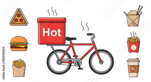 Food Delivery Bicycle with Hot Food Box and Assorted Fast Food.