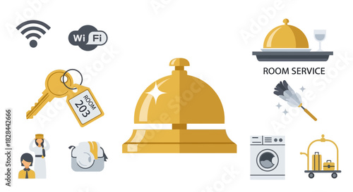Hotel Services Icons - Wireless Internet, Room Key, Bell, Room Service, and More.