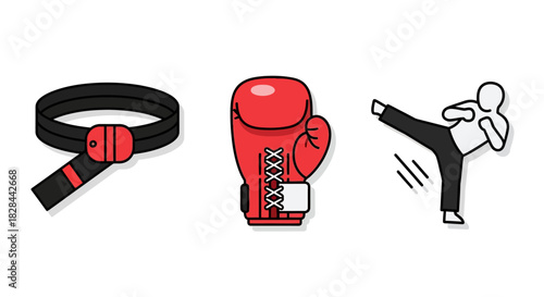 Martial Arts Equipment and Action Illustration - Belt, Glove, and Kick.