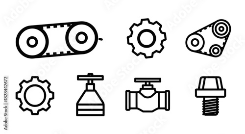 Mechanical Components and Industrial Elements Line Art Icons.