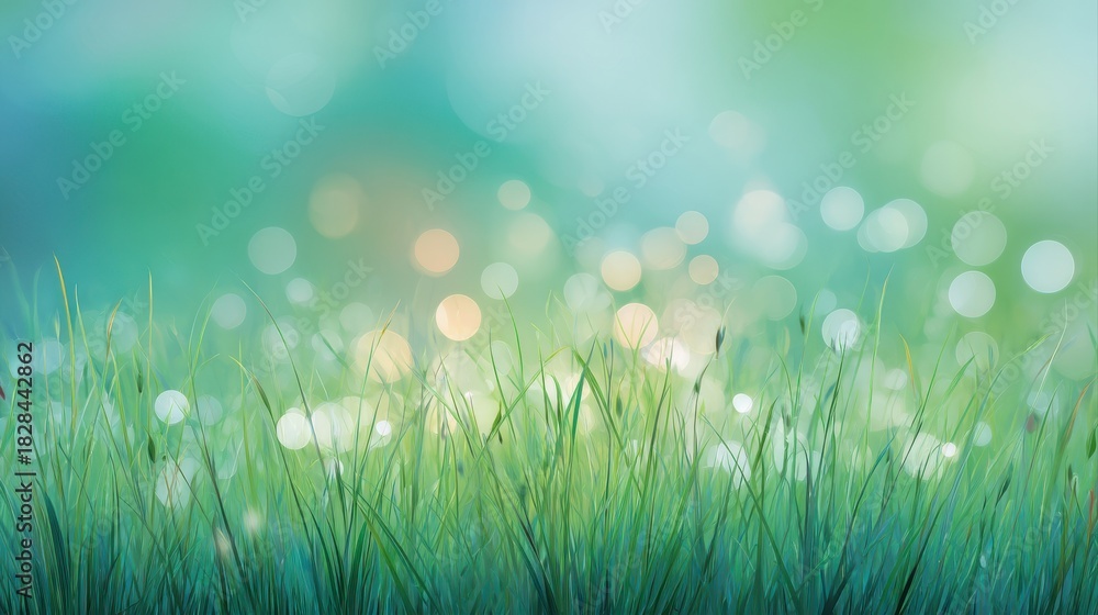 Obraz premium A serene, blurred background featuring vibrant green grass and soft bokeh lights, a calm and refreshing atmosphere, floral rainbow background