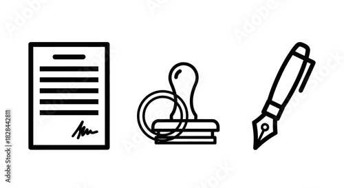 Document Approval Process - Contract, Stamp, and Pen Icon Set.