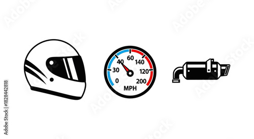 Motorcycle Accessories - Helmet, Speedometer, and Exhaust System Illustration.