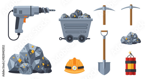 Mining Tools and Equipment - Drill, Cart, Pickaxes, Shovel, Helmet, and Dynamite.