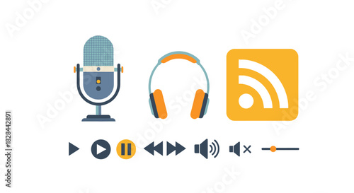 Podcast Equipment and Controls Illustration - Microphone, Headphones, RSS Feed, and Playback Buttons.