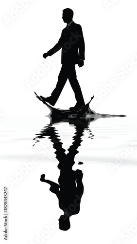 Silhouette of a determined businessman stepping through water, creating ripples and reflections.