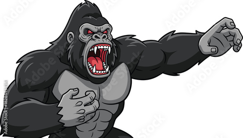 Aggressive cartoon gorilla roaring with red eyes and clenched fists, fierce muscular animal illustration, dynamic vector for comics or animation