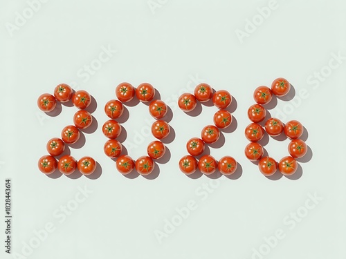 Creative 2026 typography made with fresh red tomatoes arranged on a bright minimalist background for food and new year concept