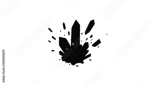 Abstract black crystal cluster exploding outwards with sharp edges on a white background