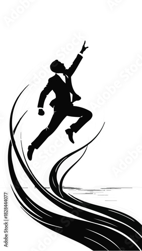 Silhouette of a man in a suit leaping upwards with determination against a white background, symbolizing ambition and success.