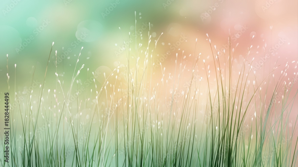 Fototapeta premium A serene digital illustration of tall grass against a soft, colorful background, tranquility and nature's beauty, floral rainbow background
