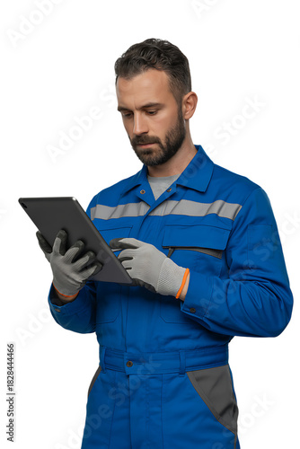 Worker using tablet on isolated background isolated on transparent background