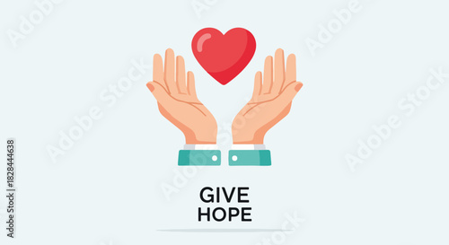 Give hope with hands holding red heart, symbol of support and love, for charity. Give hope is a conceptual visual meant to convey compassion and generosity.
