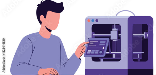 Vector Illustration of a Person Operating a 3D Printer in Modern Minimalist Style with Cool Blue and Gray Colors for Technology and Manufacturing Design