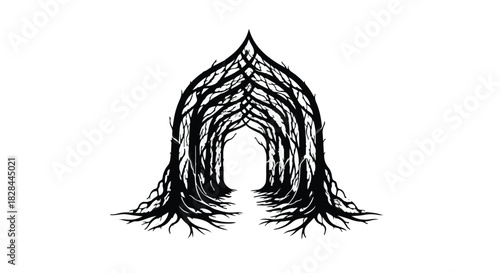 Mysterious archway formed by intertwined tree branches and roots, creating a magical forest entrance.