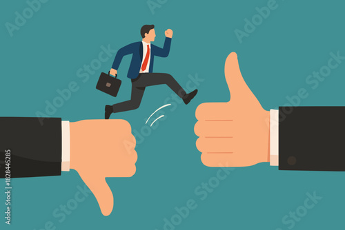 Changing oneself towards better opportunities, improvement or courage to take risks, career growth, business challenges, entrepreneur courage jumps from thumbs down to thumbs up.