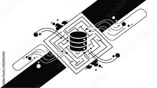 Abstract data processing concept with a central database icon and flowing lines
