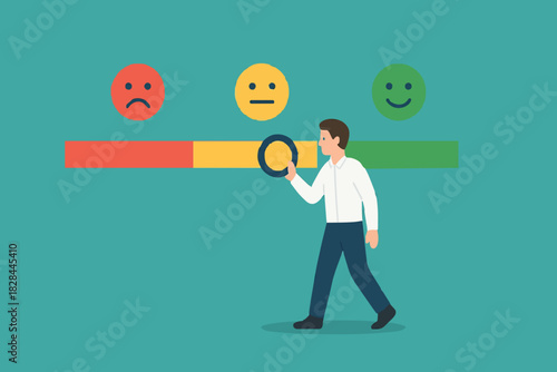 Customer feedback giving rating based on experience or quality from product and service, survey, opinion and review to evaluate result, man trying to push customer feedback bar to be excellent smile.