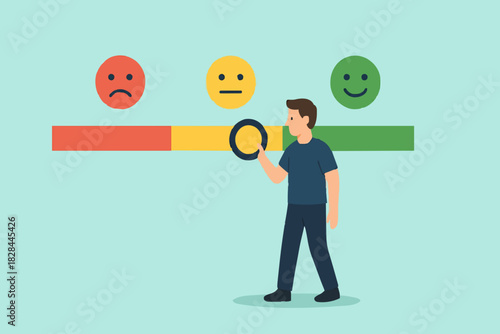 Customer feedback giving rating based on experience or quality from product and service, survey, opinion and review to evaluate result, man trying to push customer feedback bar to be excellent smile.
