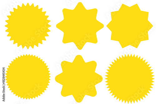Red starburst badge vector set with spiky jagged sale labels and promotional sticker shapes for discount tags, posters, banners, and graphic design