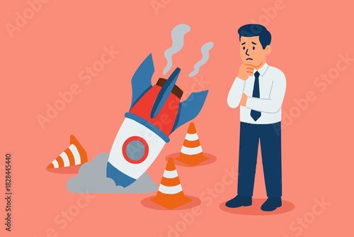 Business failure or depression, crashed rocket plans, stupidity, technical errors, startup failure. icon vector template design element