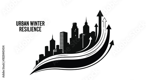 City skyline symbolizing urban resilience and growth with upward arrows.