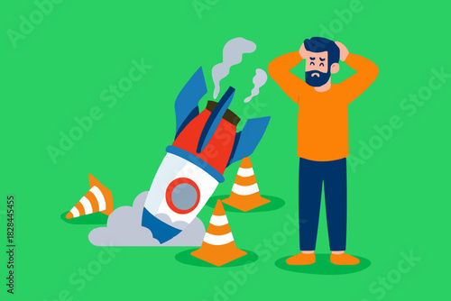 Business failure or depression, crashed rocket plans, stupidity, technical errors, startup failure. icon vector template design element