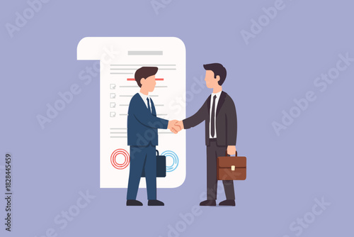 Concept Business deal, successful contract or negotiation, agreement document or collaboration, executive handshake, businessman partners shaking hands after signing business agreement document.