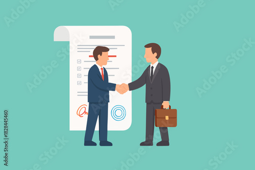 Concept Business deal, successful contract or negotiation, agreement document or collaboration, executive handshake, businessman partners shaking hands after signing business agreement document.