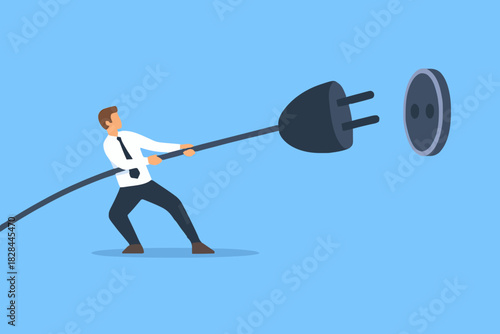 Electricity saving, ecological awareness or electricity cost reduction and spending concept, man unplugging the power cord to unplug to save money or for ecological power. flat vector illustration.