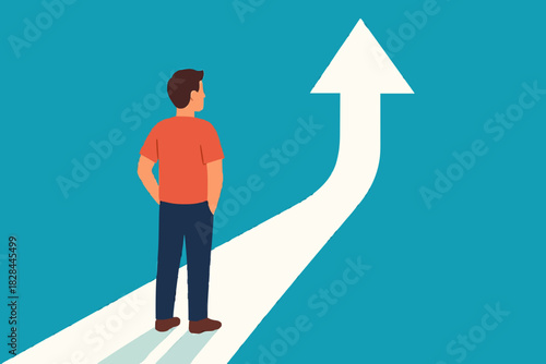 Business success to the next level concept. Businessman standing in front of arrow symbol illustration, challenge to become better and achieve success, vision to see next goal, motivation to succeed.