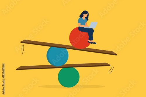 Work life balance, equality or weight between working for money and life happiness, health, success and healthy lifestyle concept, woman working with computer laptop while balance on equilibrium.